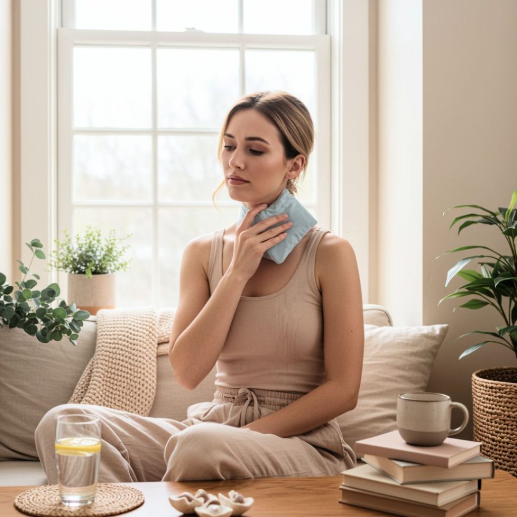 the is sitting while pressing her neck with a cloth