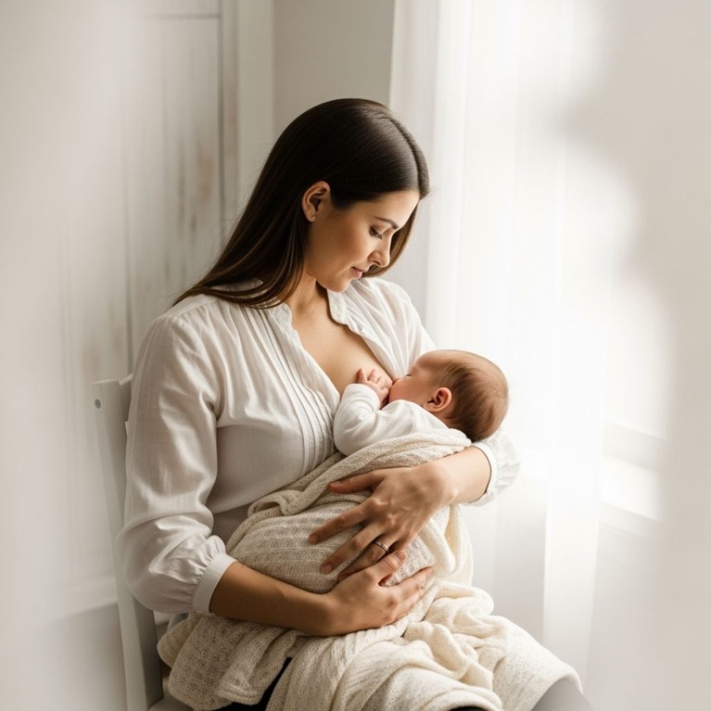 Mother in a white blouse sitting by a window, breastfeeding her baby wrapped in a cream blanket.