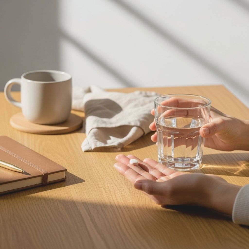 Hand holding pill and glass of water on wooden table with notebook and cup.