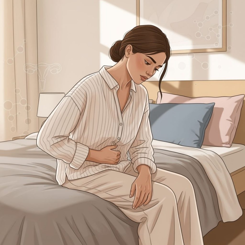 Woman holding stomach in discomfort while sitting on bed