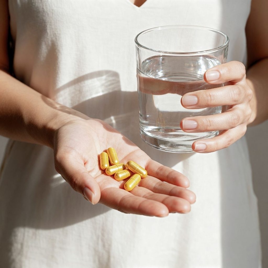 Person holding yellow capsules and a glass of water
