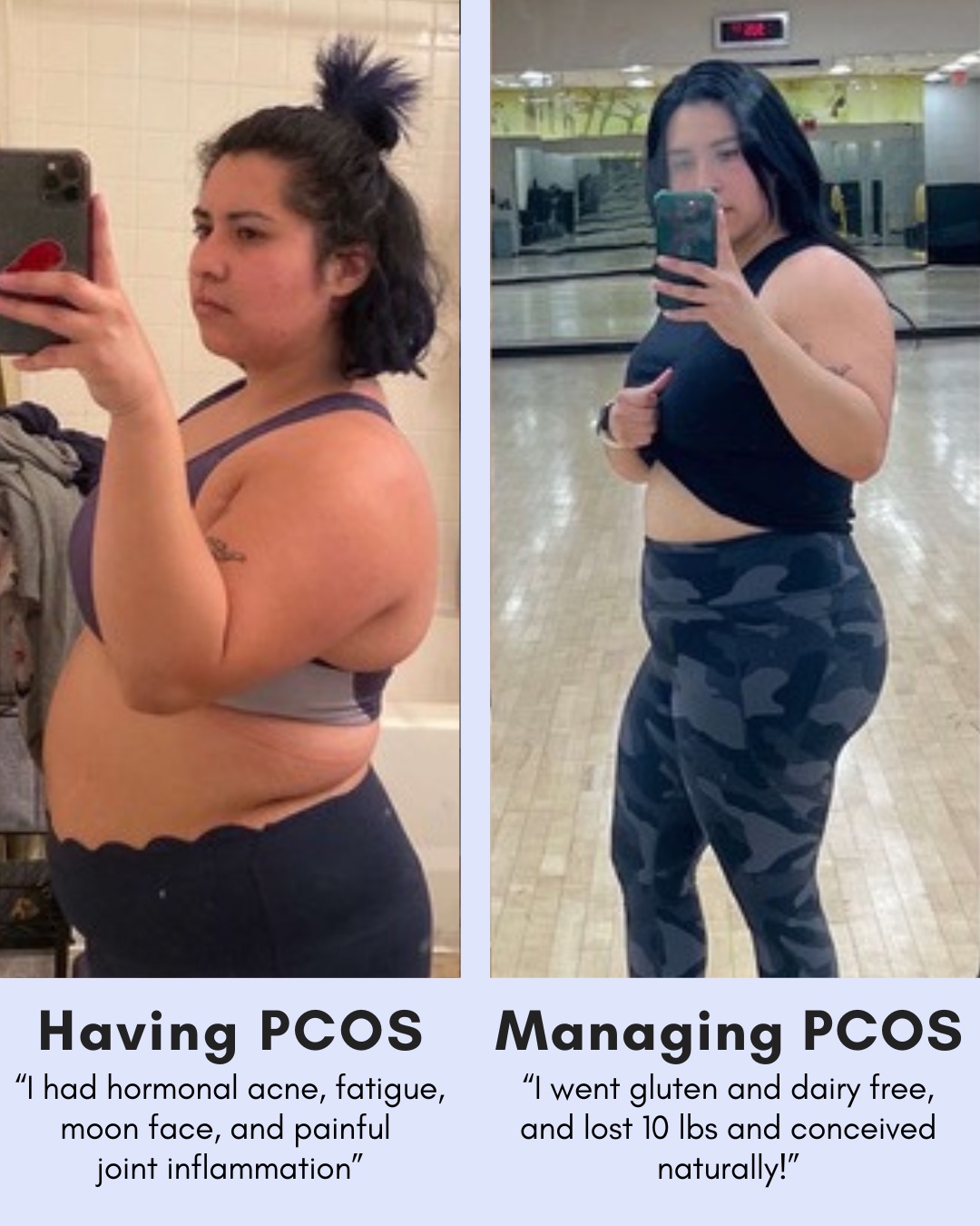 Before-and-after collage of a woman showing weight loss with PCOS: left panel labeled 'Having PCOS' in a bathroom, right panel labeled 'Managing PCOS' in a gym. Left caption: 'I had hormonal acne, fatigue, moon face, and painful joint inflammation'; right caption: 'I went gluten and dairy free, and lost 10 lbs and conceived naturally!'