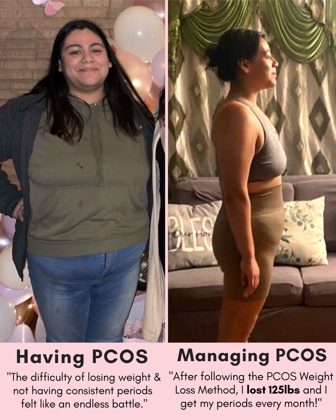 Side-by-side before-and-after image: a heavier woman wearing a green hoodie on the left, and a slimmer woman in a gray sports bra and brown shorts on the right, illustrating weight loss while managing PCOS.