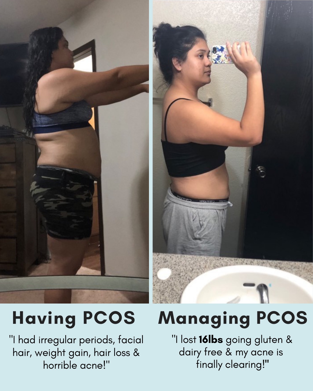 Before-and-after collage showing weight loss while managing PCOS: side-by-side profile photos, left heavier, right slimmer.