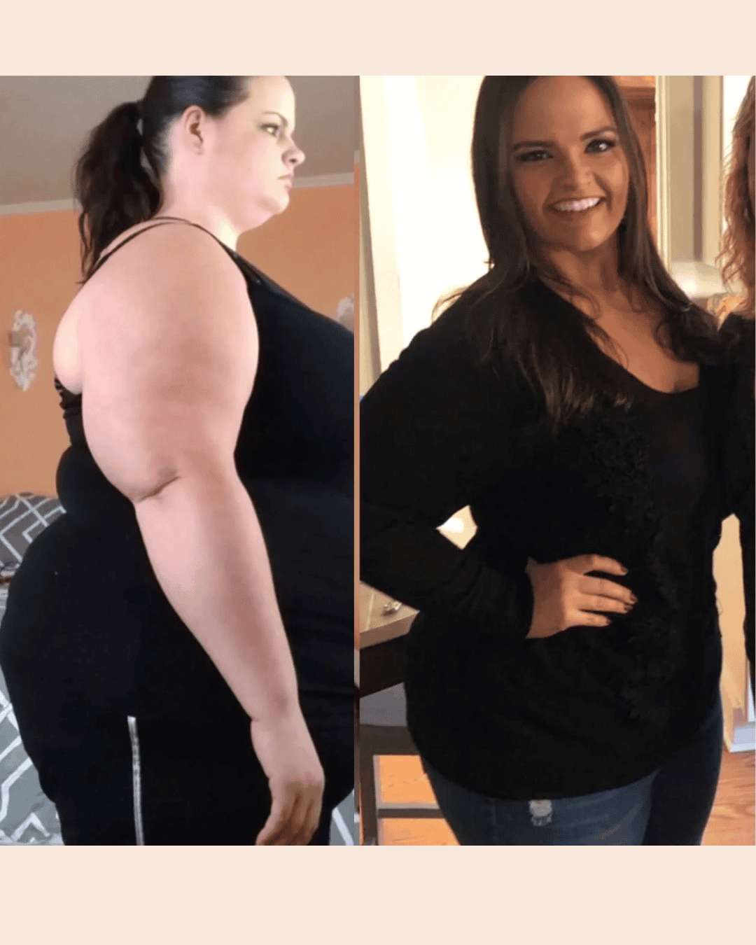 Before-and-after weight-loss transformation: left image shows a heavier woman in a black tank top, right image shows a slimmer woman with hand on hip wearing black top and jeans, smiling.