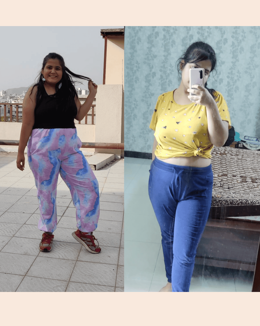 Side-by-side photo of a woman posing: on the left, black sleeveless top with pastel tie-dye pants and sneakers on a rooftop; on the right, yellow printed T-shirt tied at the waist and blue joggers, taking a mirror selfie indoors.