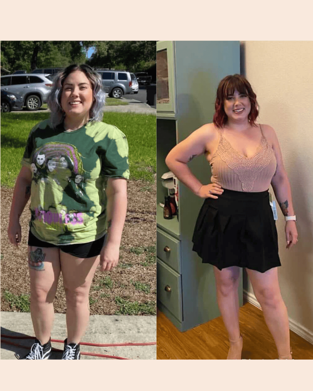 Side-by-side photos of a woman before (left) and after (right) her weight-loss journey, both smiling.