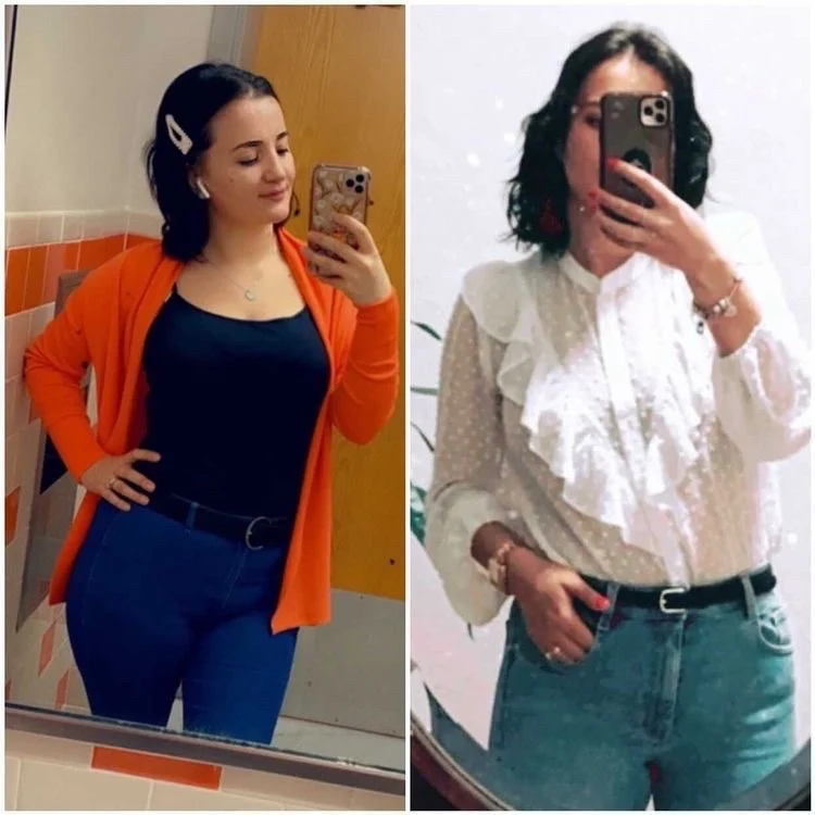Side-by-side selfie of a woman in two outfits: orange cardigan over a black top with blue jeans on the left; white ruffled blouse with teal jeans and a belt on the right.