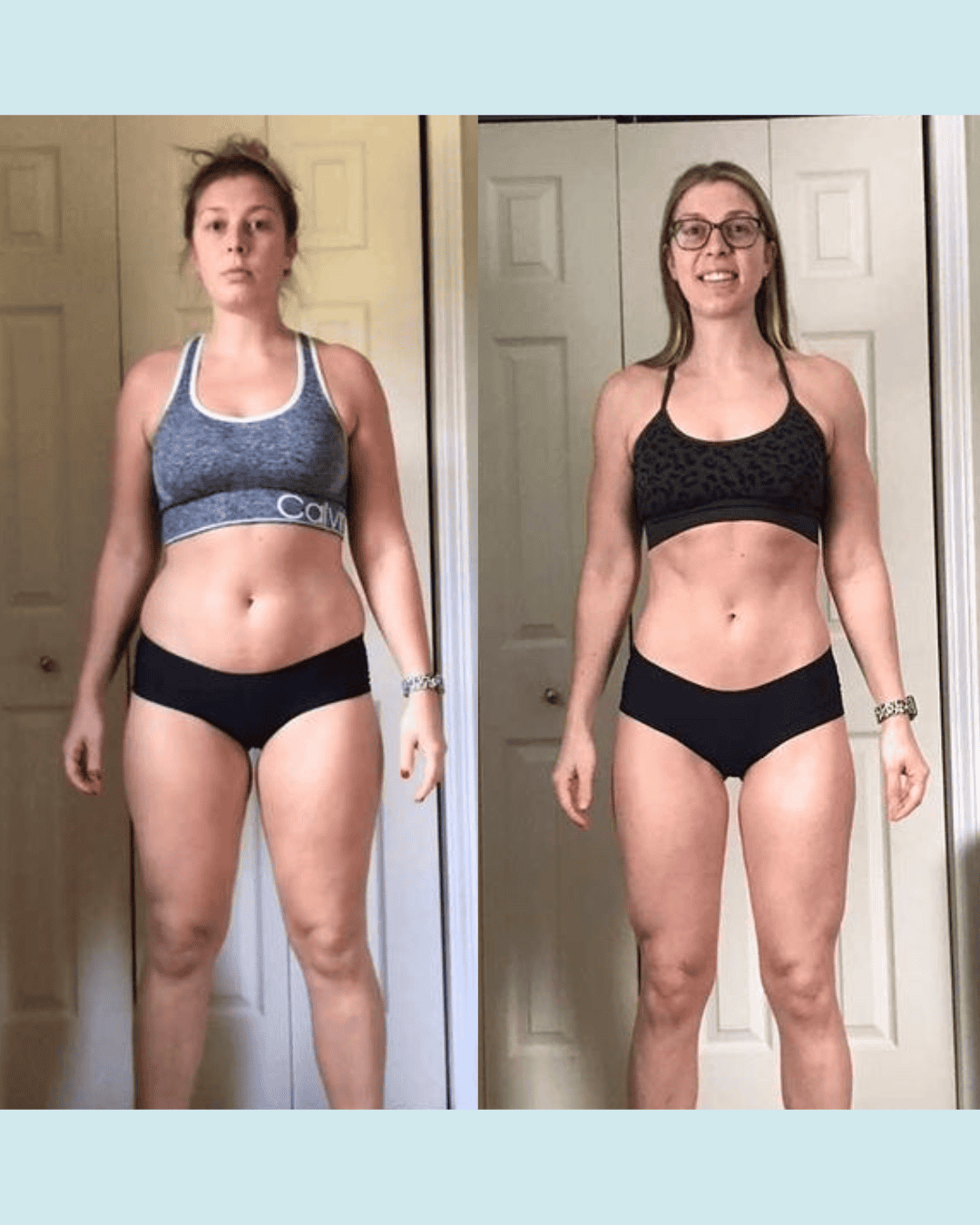 Side-by-side before-and-after photo of a woman in a sports bra and shorts, showing a slimmer midsection and toned arms in the after image.