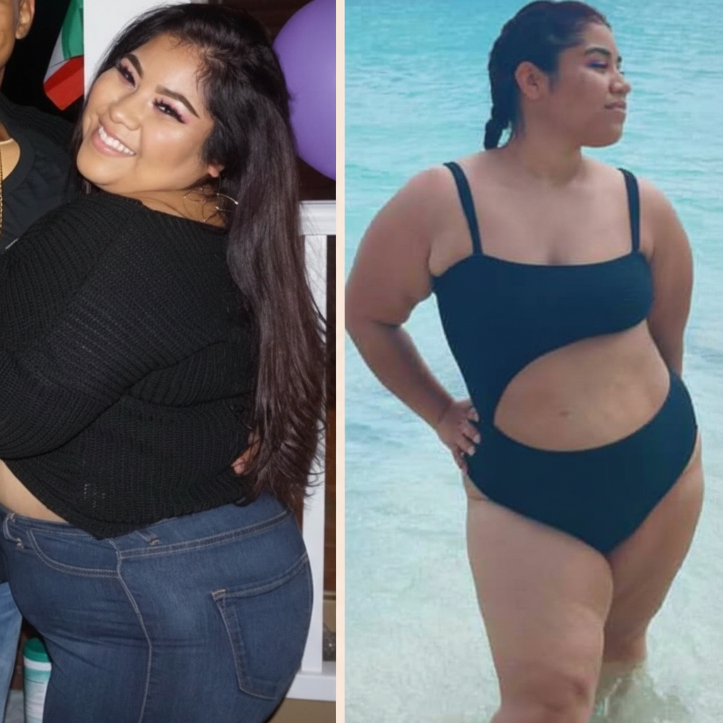 Side-by-side transformation: left photo shows a smiling woman in a black sweater and jeans; right photo shows the same person in a black one-piece swimsuit standing in shallow turquoise water, highlighting a weight loss change.
