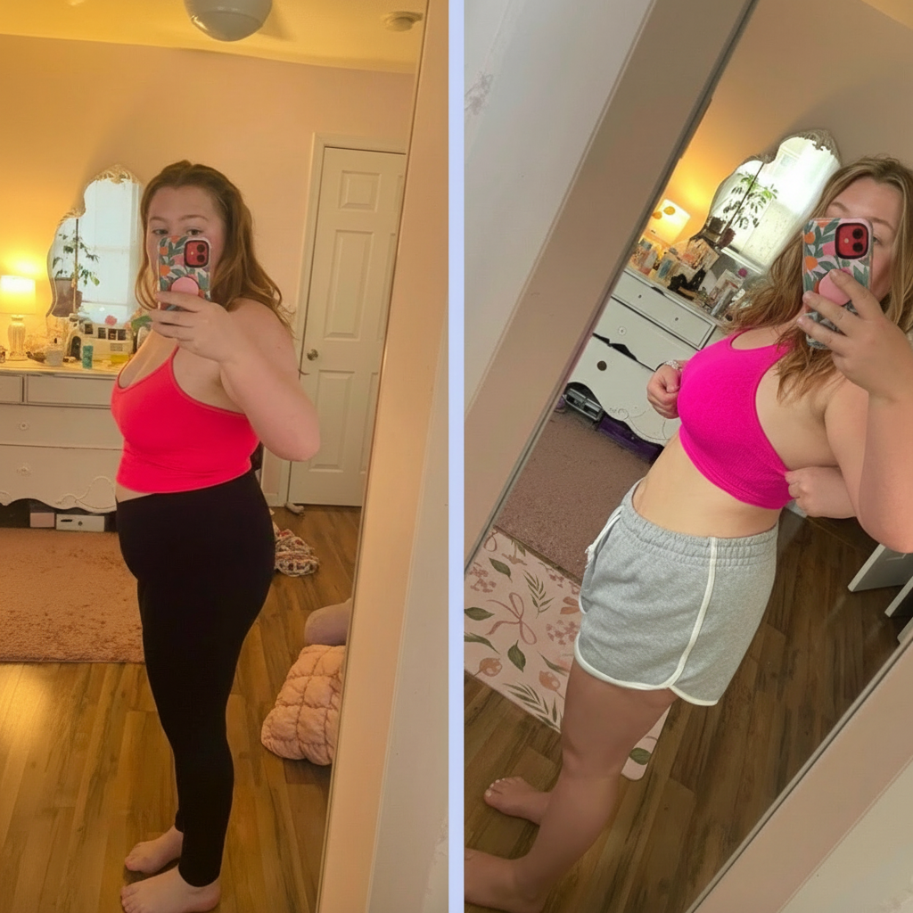 Side-by-side mirror selfies of a woman in a bright pink sports bra; left in black leggings, right in gray shorts, showing fitness progress in a bedroom.