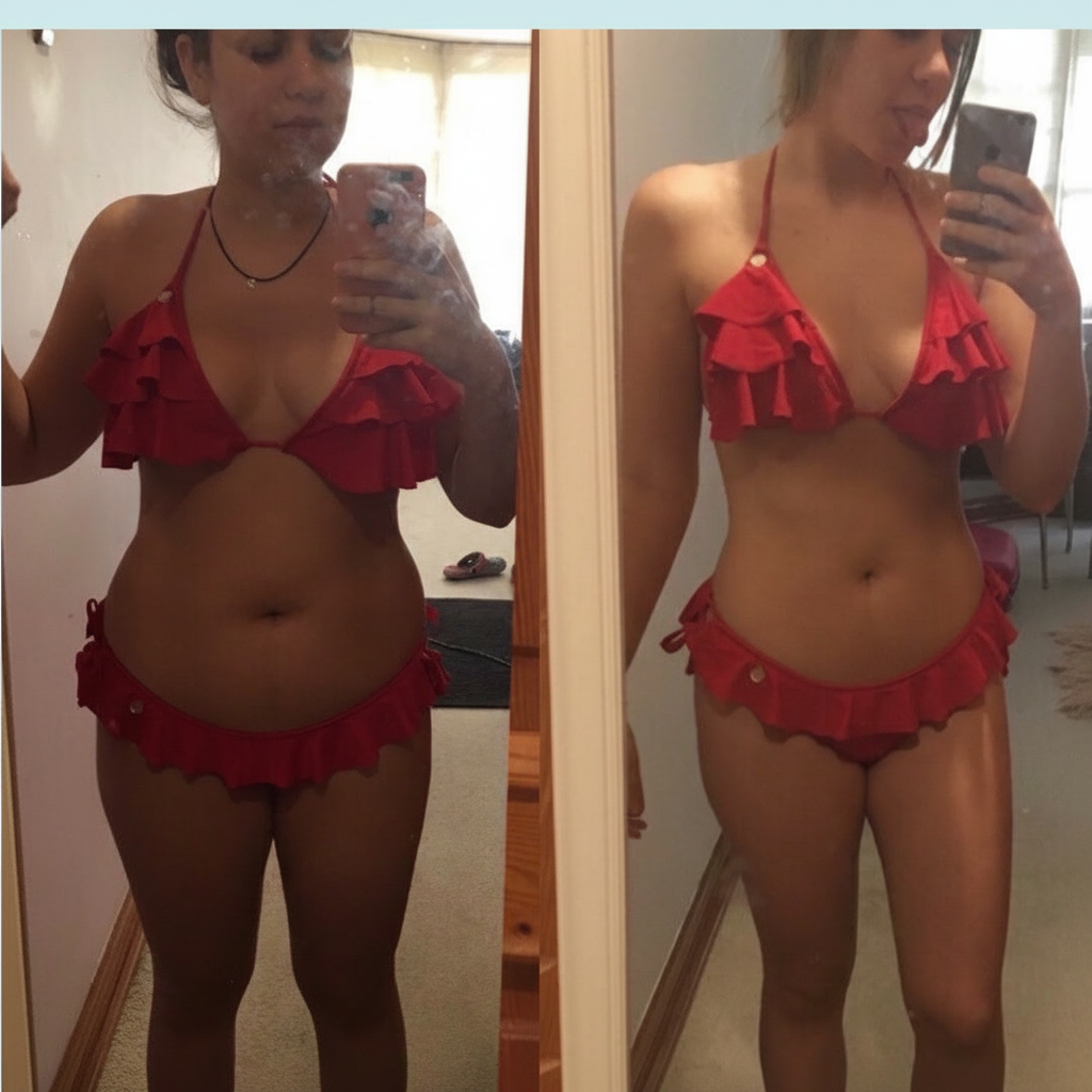 Side-by-side mirror selfies of a woman in a red ruffled bikini, indoors, showing her torso and legs.
