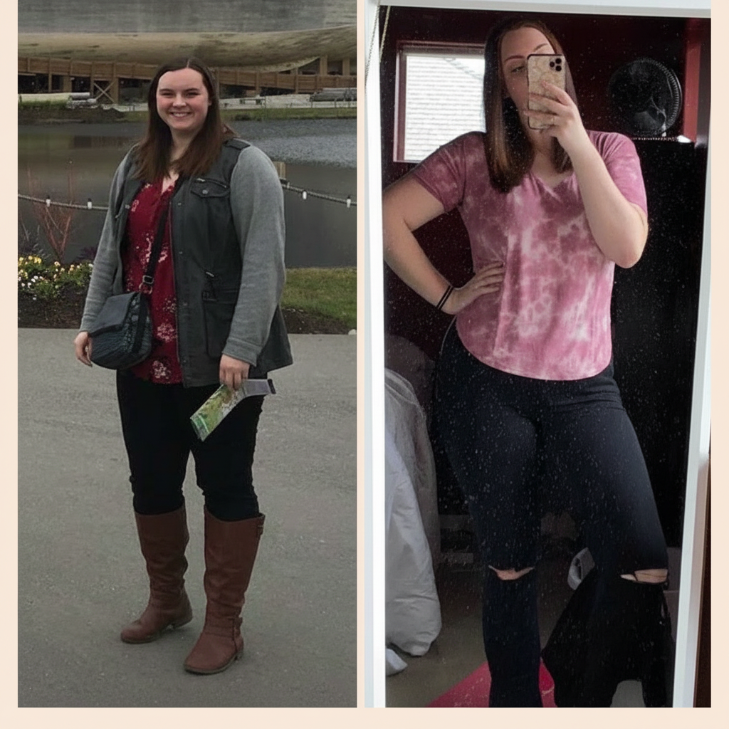Two side-by-side photos of a woman showing a transformation: left outdoors in a gray jacket and brown boots, carrying a purse and a map; right indoors in a pink tie-dye shirt and ripped black jeans, taking a mirror selfie.