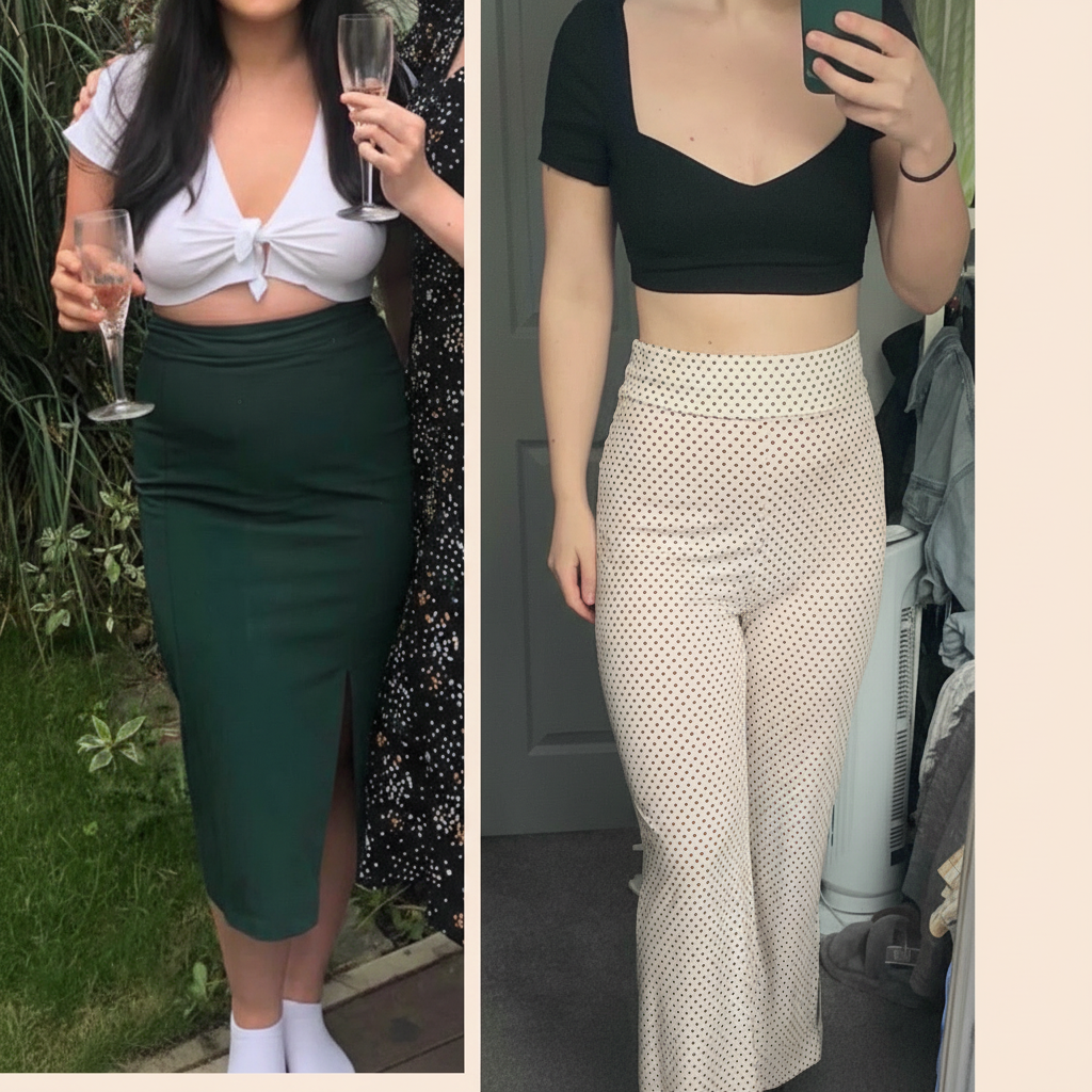 Side-by-side image: left woman outdoors in a white knotted crop top and dark green pencil skirt holding a champagne flute; right woman indoors in a black crop top and beige polka dot wide-leg pants taking a mirror selfie.