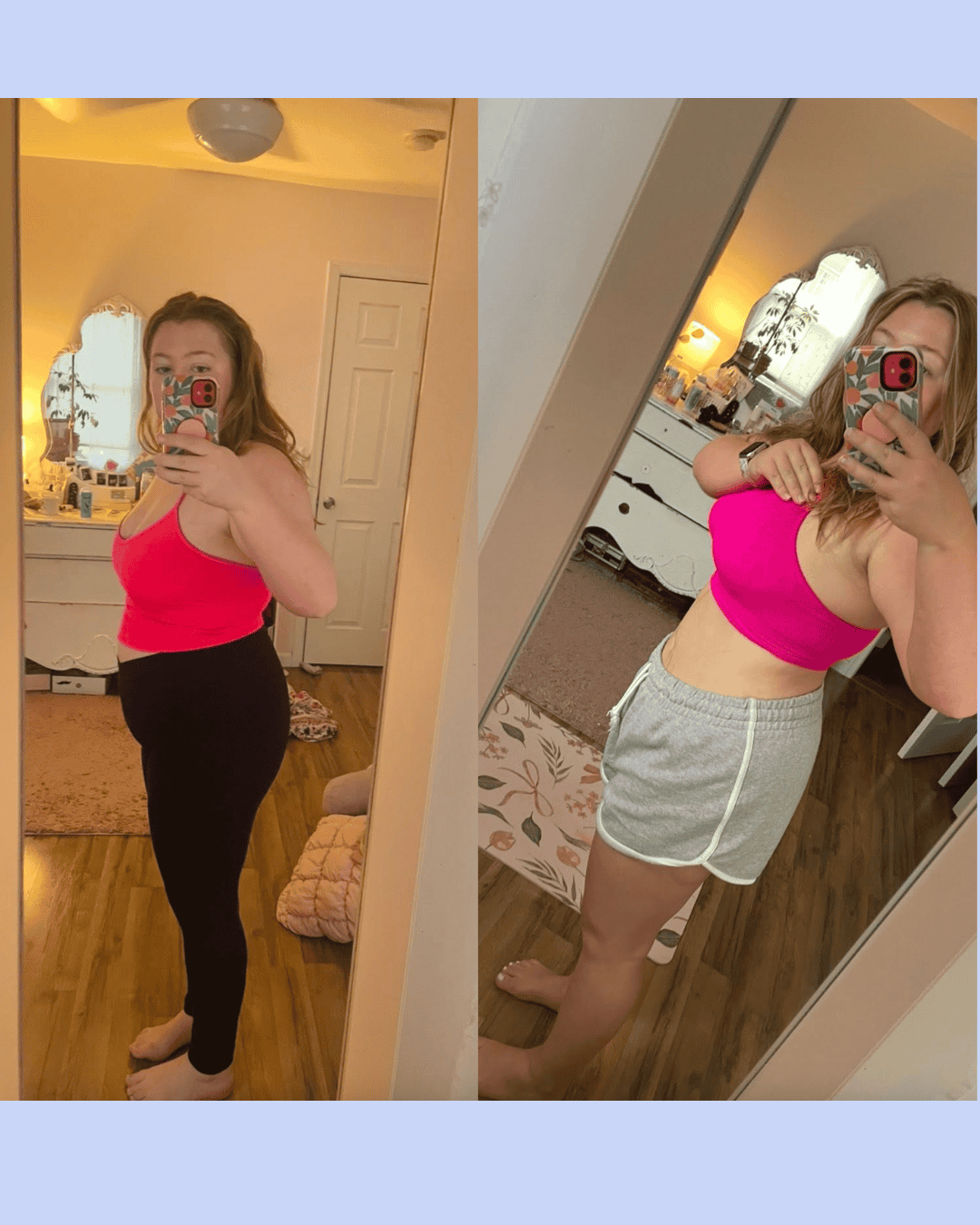 Side-by-side mirror selfies of a woman in a pink sports bra; left in black leggings, right in gray shorts, showing fitness progress.