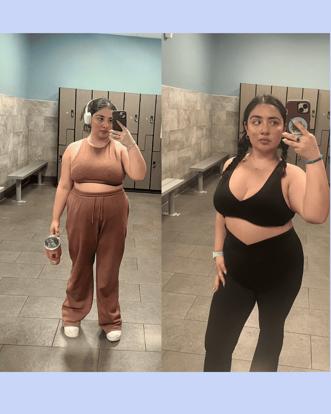 Side-by-side gym selfies showing a woman before (left) and after (right) weight loss progress in a locker room. Left: brown cropped top and joggers holding a drink with headphones. Right: black workout set, braided hair, taking a mirror selfie.