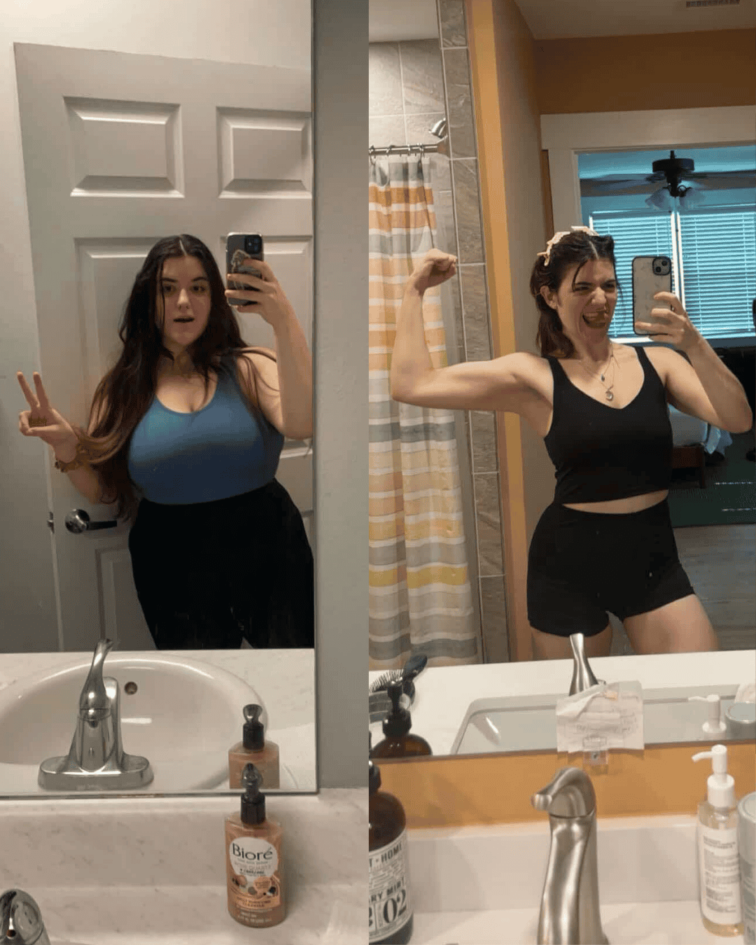 Side-by-side mirror selfies of a woman posing: left in blue tank top showing peace sign, right flexing arm in black outfit with a yellow bow in hair.