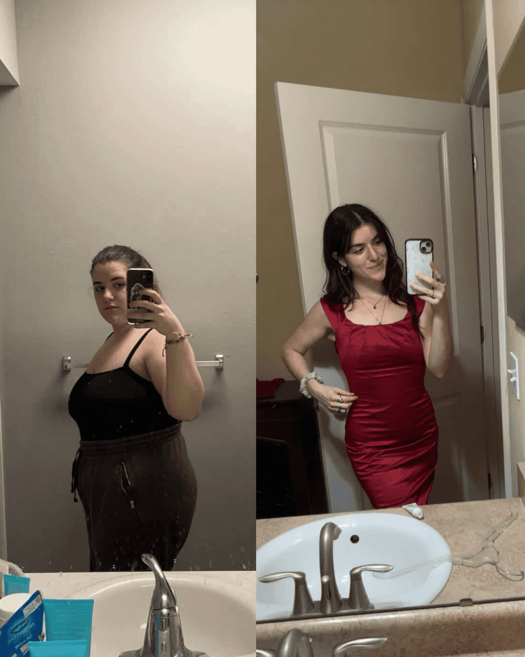 Before-and-after photo of a woman in a bathroom mirror, showing weight-loss progress: left in a black top and gray pants, right in a red dress and smiling.