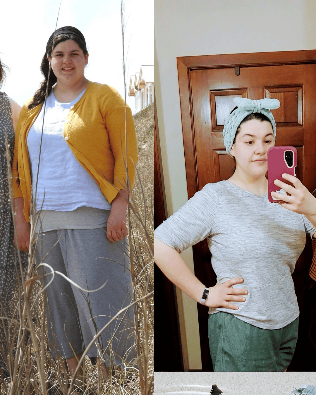 Side-by-side photo of a woman: left outdoors in a mustard cardigan with white top and gray skirt; right indoors in a gray tee with green pants, taking a mirror selfie with a towel wrapped on her head.