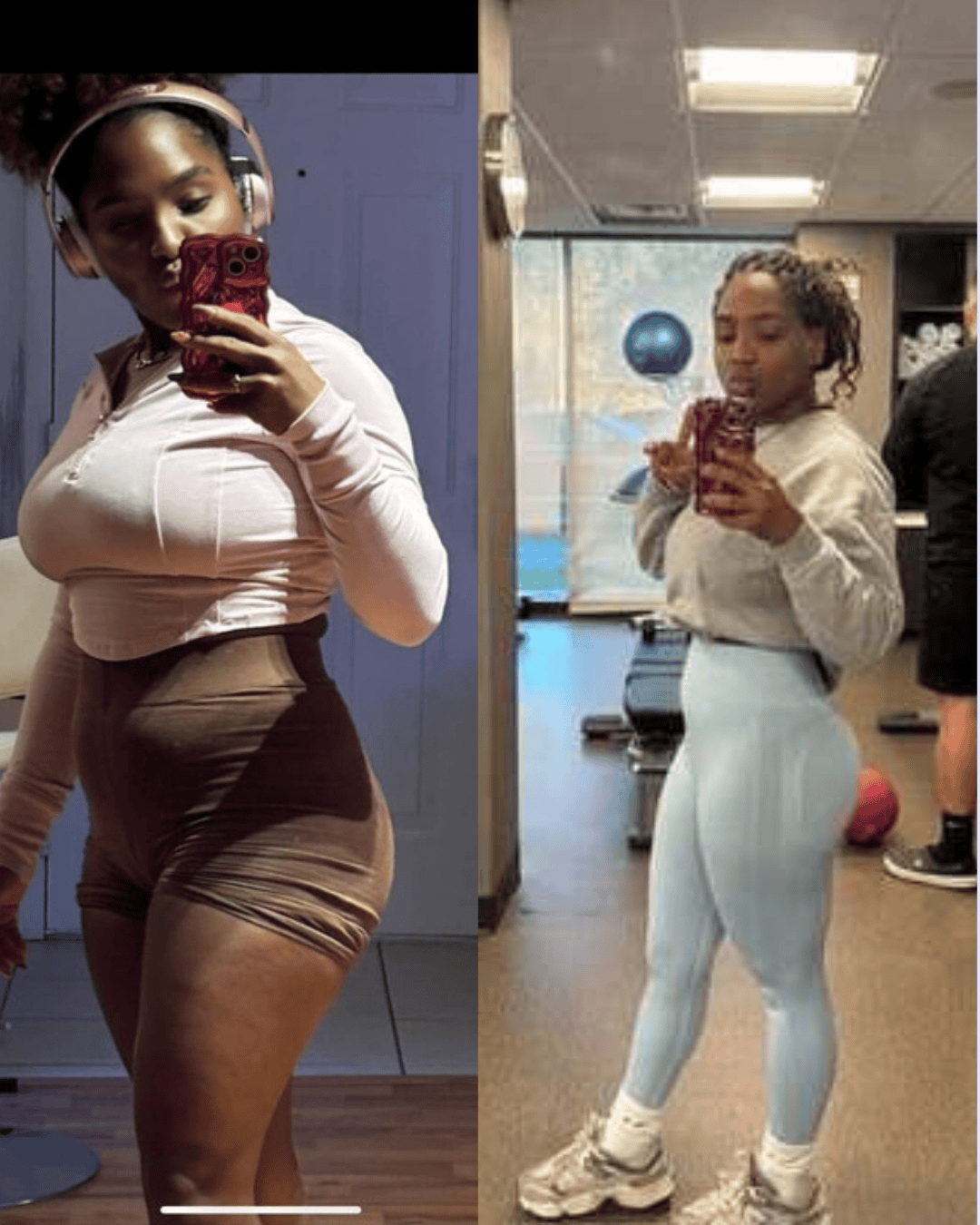 Two women take mirror selfies in a gym, side by side: left in a pink cropped top and brown shorts; right in pale blue leggings and a white top/hoodie.