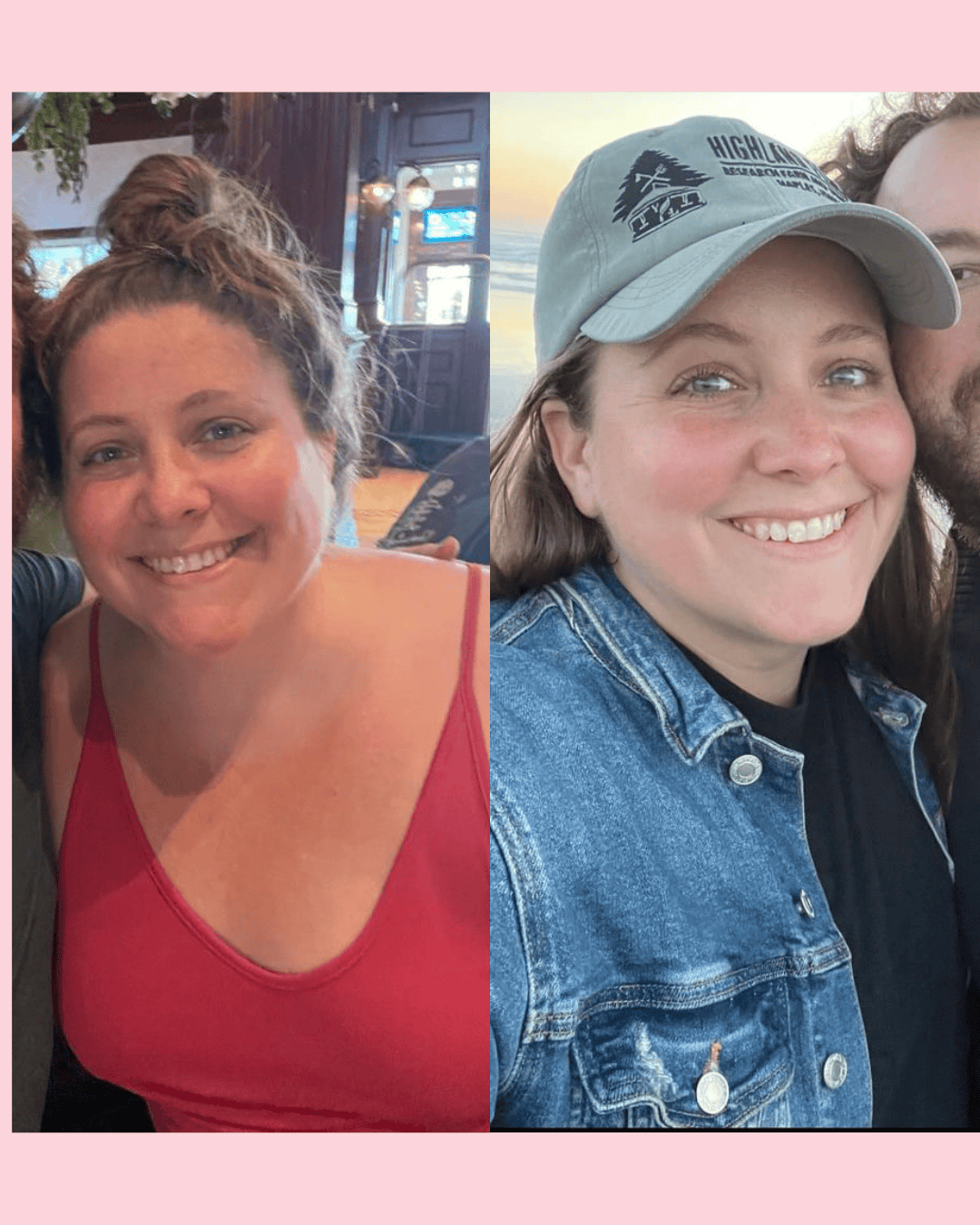 Two women posing for a split-image selfie: left panel shows a woman with a red tank top and a messy bun indoors; right panel shows a woman in a denim jacket and light-blue cap smiling outdoors at sunset.