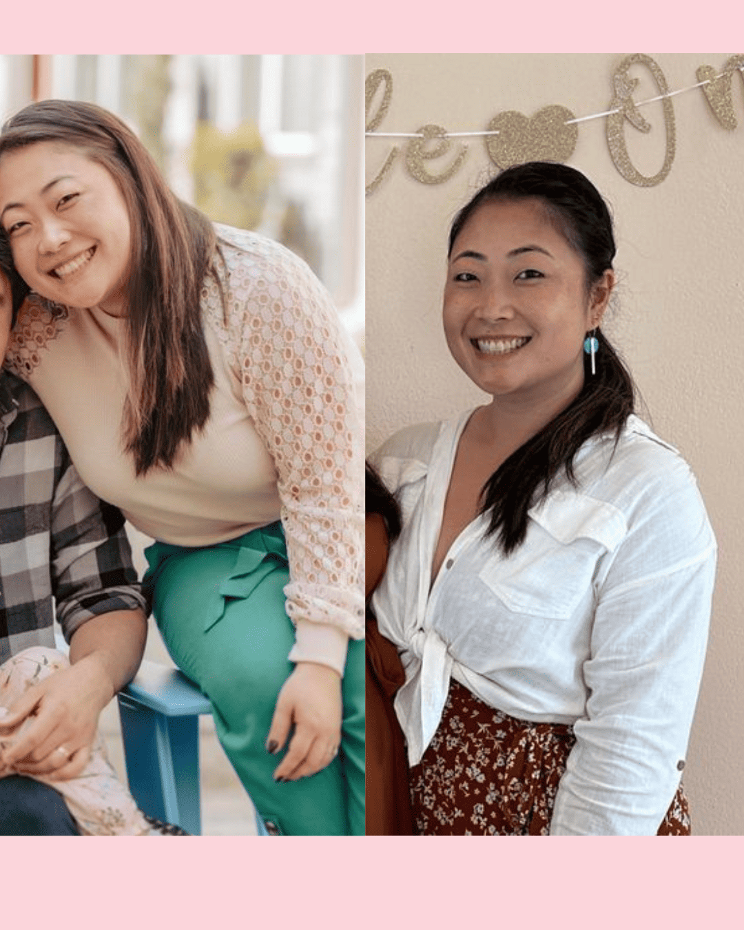 Two women smiling together, side by side: outdoors on the left in a beige lace top and green pants, indoors on the right in a white blouse with a floral dress.
