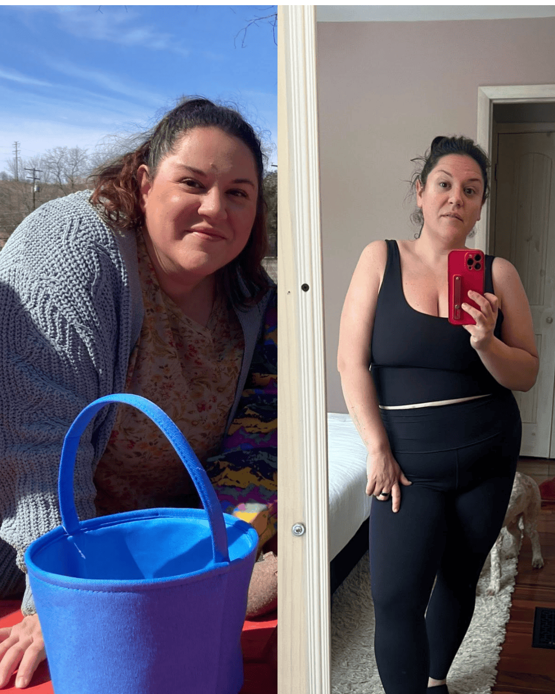 Split-image of a woman: left outdoors with a bright blue tote, wearing a cardigan and floral top; right indoors in black athletic wear taking a mirror selfie with a pink phone.