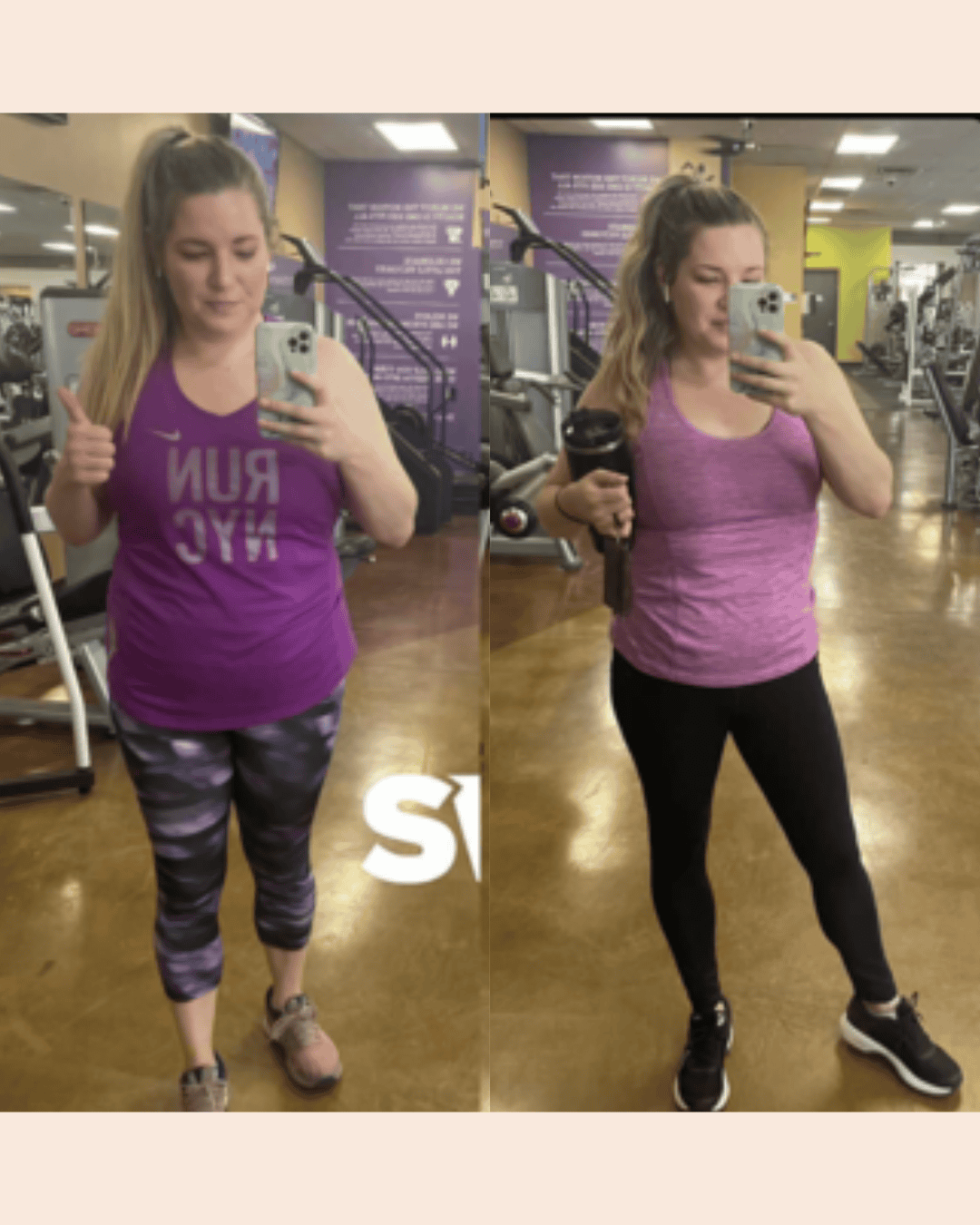 Side-by-side gym mirror selfies showing progress: left image with a purple tank top and patterned leggings giving a thumbs-up; right image with a pink tank top and black leggings holding a shaker bottle.