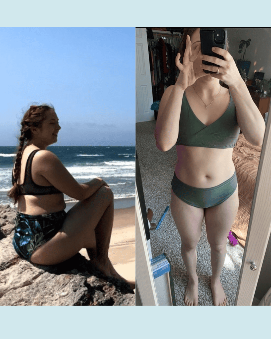 Side-by-side photo: left shows a woman in a black bikini top at the beach; right shows the same woman in a green bikini taking a mirror selfie indoors, showing progress.