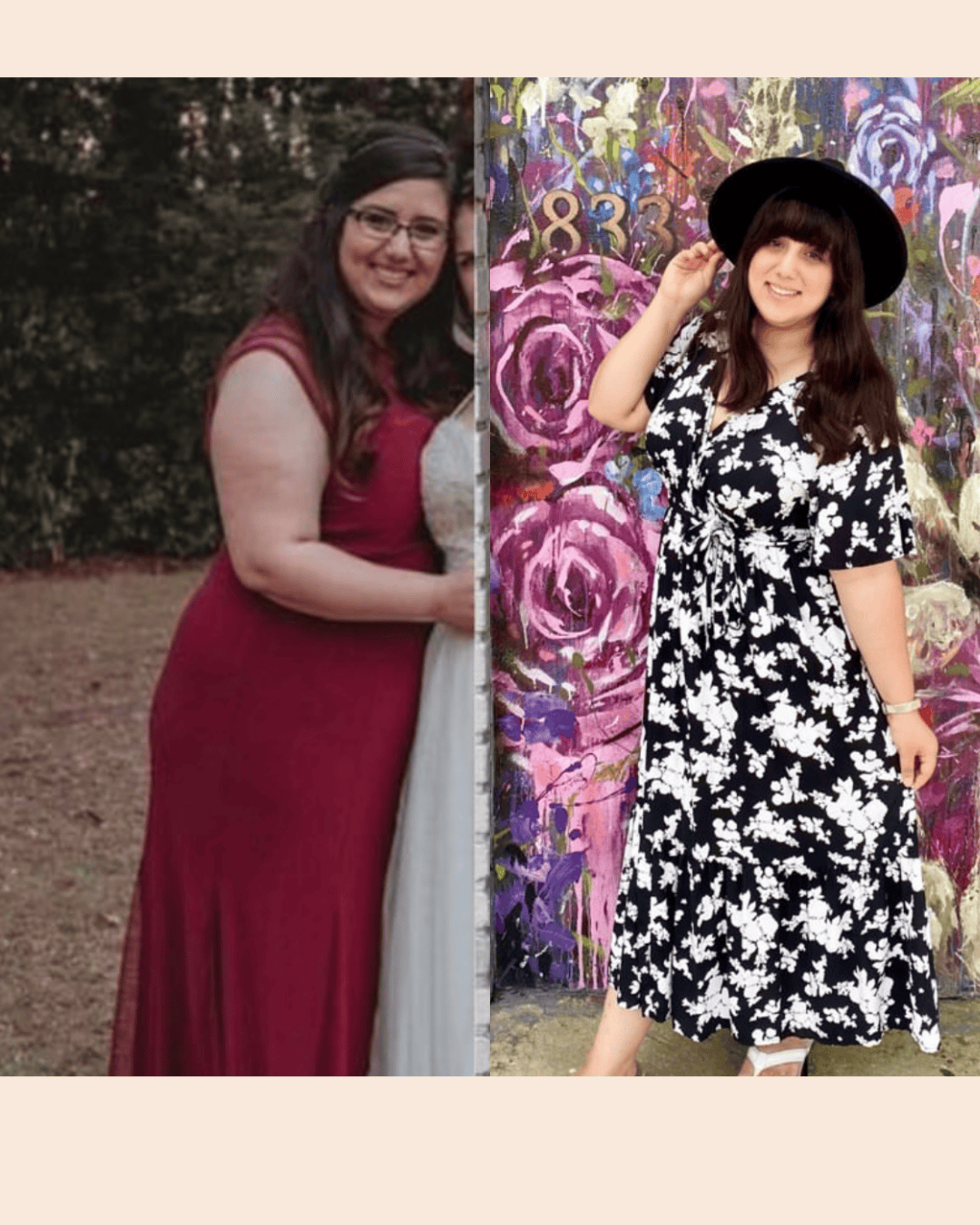 Split image of two women posing: left in a burgundy sleeveless gown outdoors, right in a black-and-white floral midi dress with a wide-brim hat against a colorful graffiti wall.