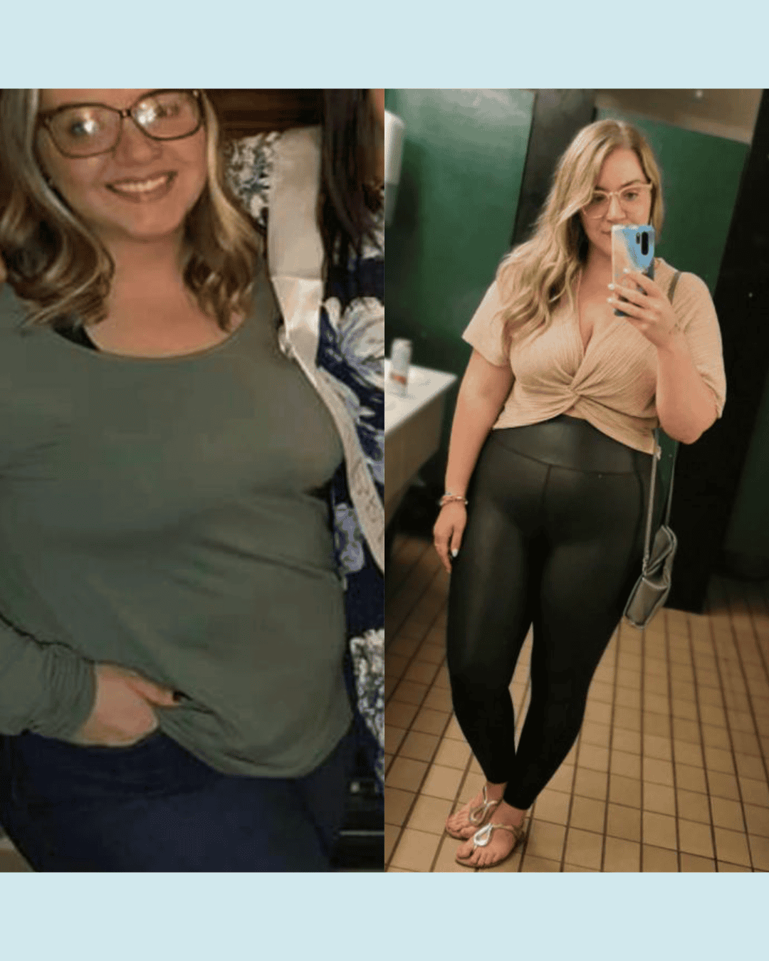 Before-and-after photo of a woman showing weight loss progress: left image in a green long-sleeve top, right image in a beige twist-top and black leggings taking a mirror selfie.