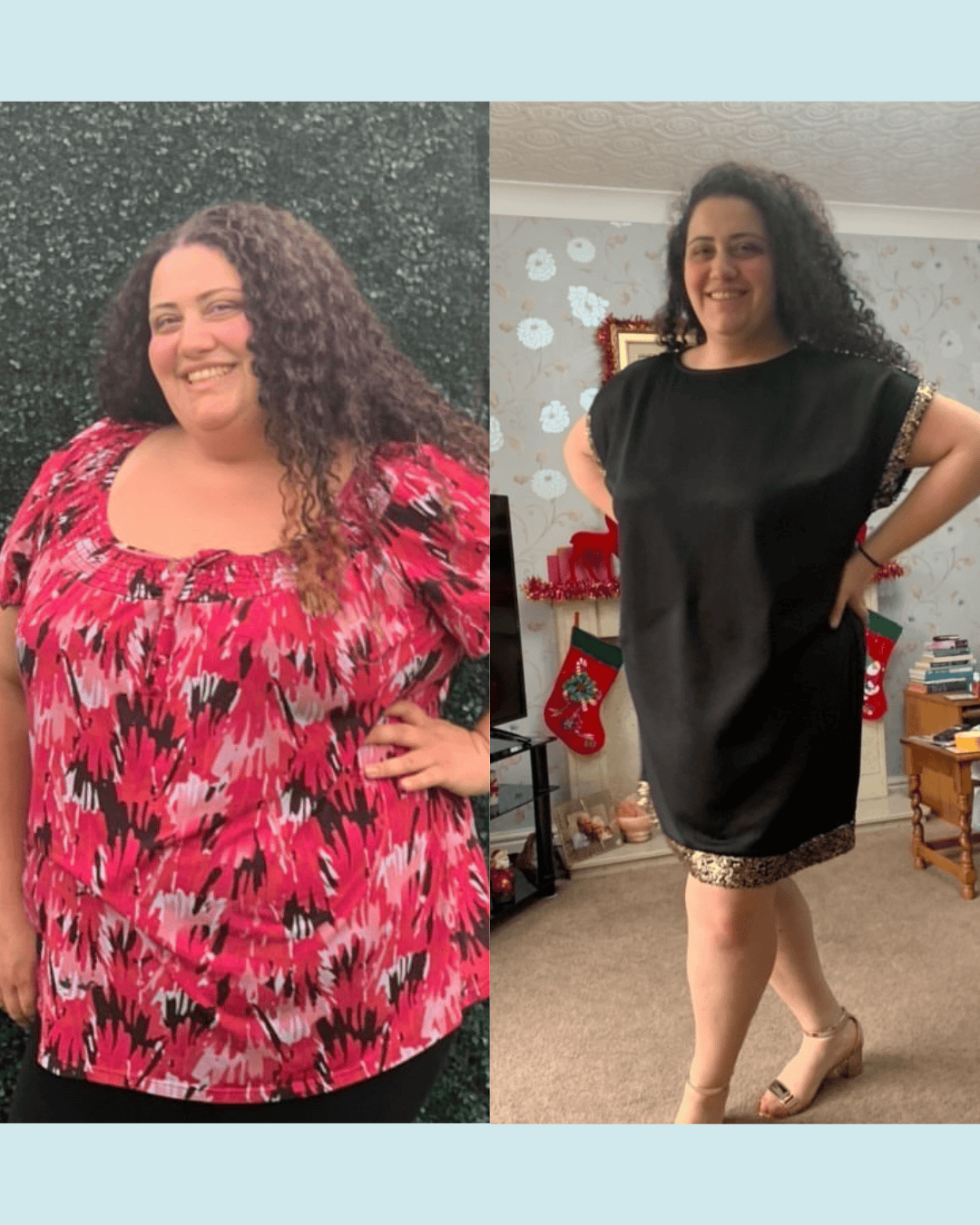 Before-and-after photo of a woman: left in pink patterned top outdoors, right in a black dress indoors showing weight loss transformation.
