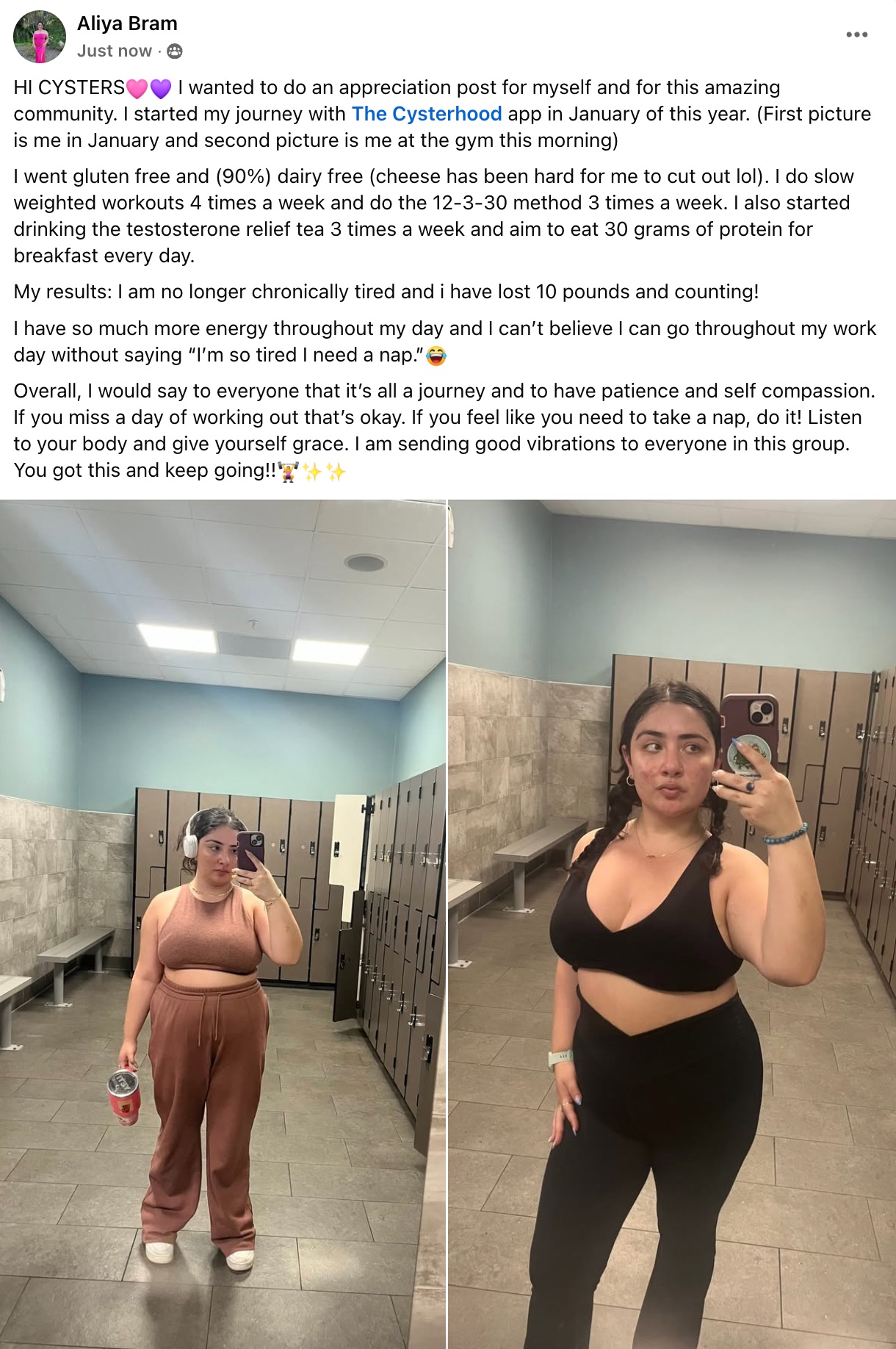 Two mirror selfies in a locker room showing progress: left in brown athletic wear, right in a black workout set.