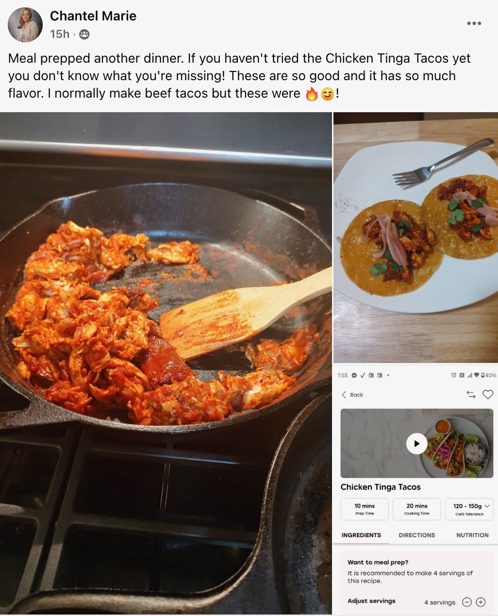 Chipped skillet with red shredded chicken in sauce and a wooden spoon, beside plated tacos topped with onions and cilantro; recipe app screenshot visible in the collage.