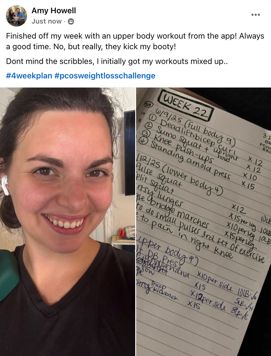 Left: smiling woman in a black top wearing wireless earbuds; right: handwritten Week 22 workout plan listing squats, push-ups, lunges and other exercises.