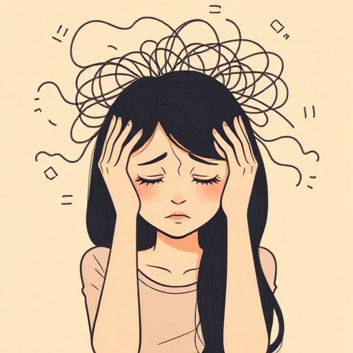 Young woman with long dark hair holds her head in distress as tangled lines swirl around her head, conveying anxiety or overwhelm.