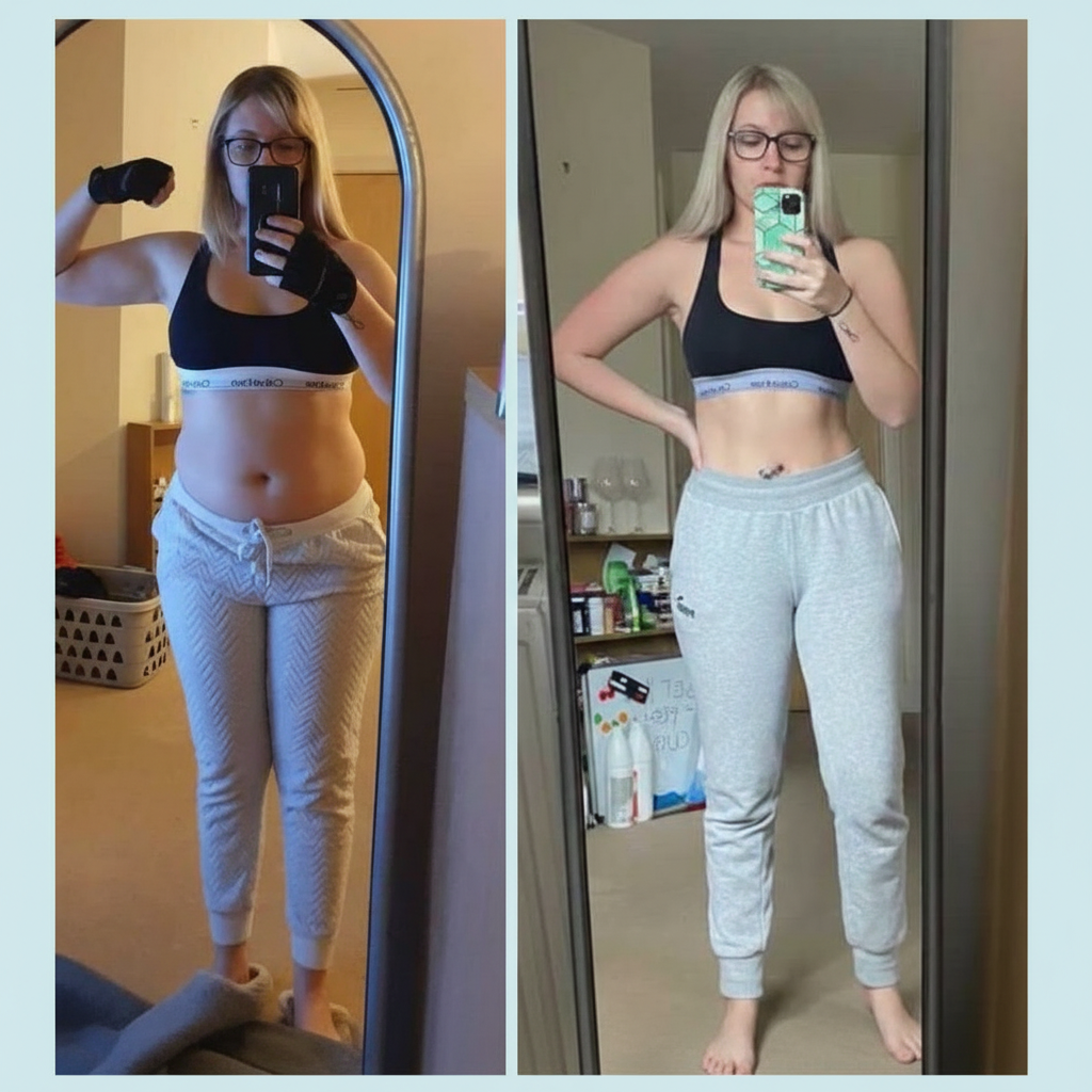 Side-by-side mirror selfies showing a fitness progress transformation: on the left, before photo with black sports bra and light gray joggers; on the right, after photo with similar outfit and a slimmer waist.