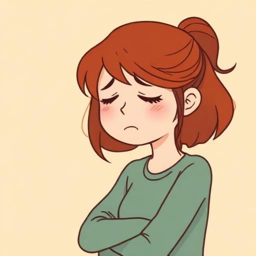 Illustration of a red-haired girl with arms crossed, eyes closed, looking sad and blushing.