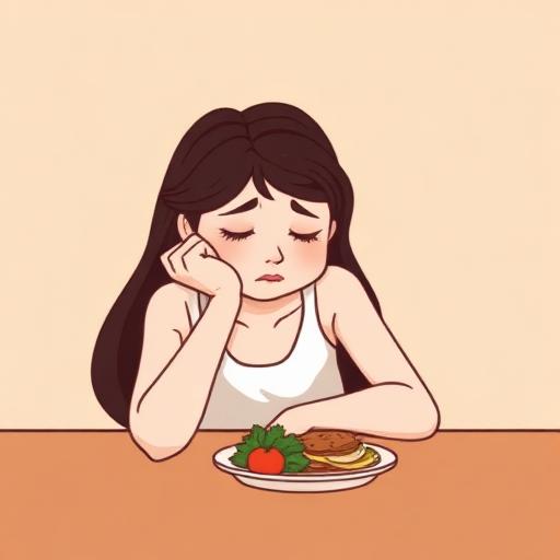 Illustration of a sad girl with long dark hair resting her chin on her hand, looking at a plate of pancakes with greens.