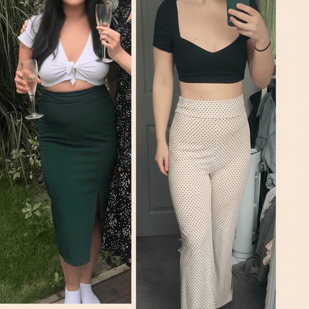 Side-by-side outfits: left a woman in a dark green pencil skirt and white knotted top holding champagne glasses, right a woman in a black crop top and beige polka-dot wide-leg pants taking a mirror selfie.