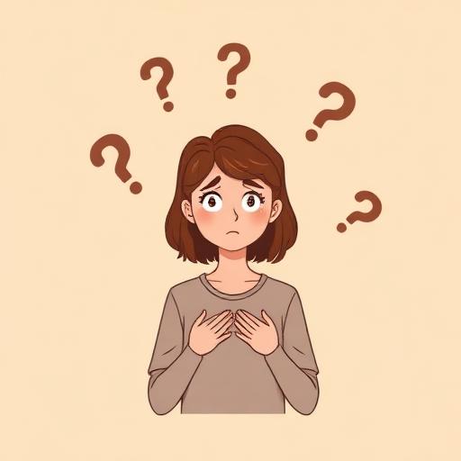 Young woman with a puzzled expression, hands held to chest, surrounded by question marks indicating confusion.