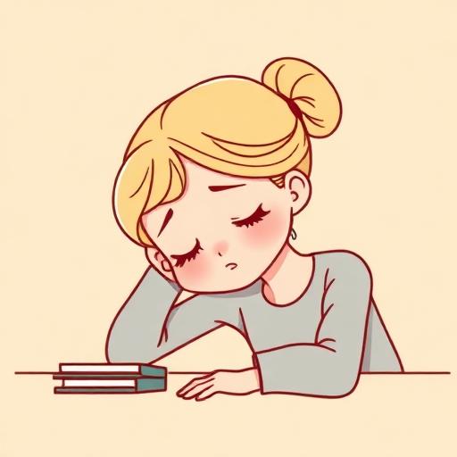 Illustration of a tired girl with blonde hair in a bun resting her head on her hand at a desk with two books nearby.
