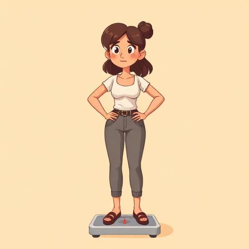 Cartoon woman stands on a weighing scale with hands on hips, looking concerned or unsure.