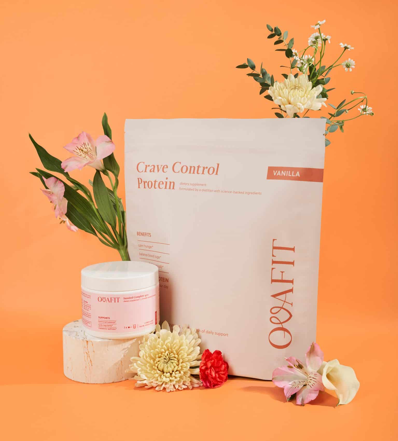 Vanilla Crave Control Protein powder bag with flowers against an orange background, plus a small jar nearby.